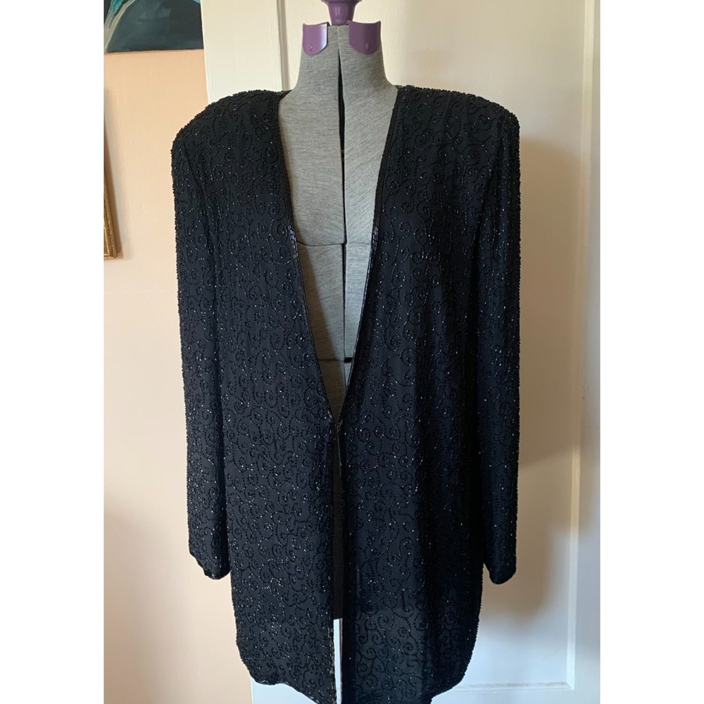 Niteline by Della Roufogali Black Silk Beaded Open Front Cardigan Jacket XL